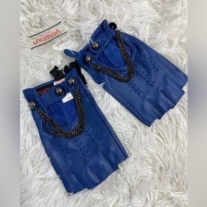 RUNWAY NY Genuine Leather Fingerless Gloves Chain Detail Cobalt Blue Size S/M